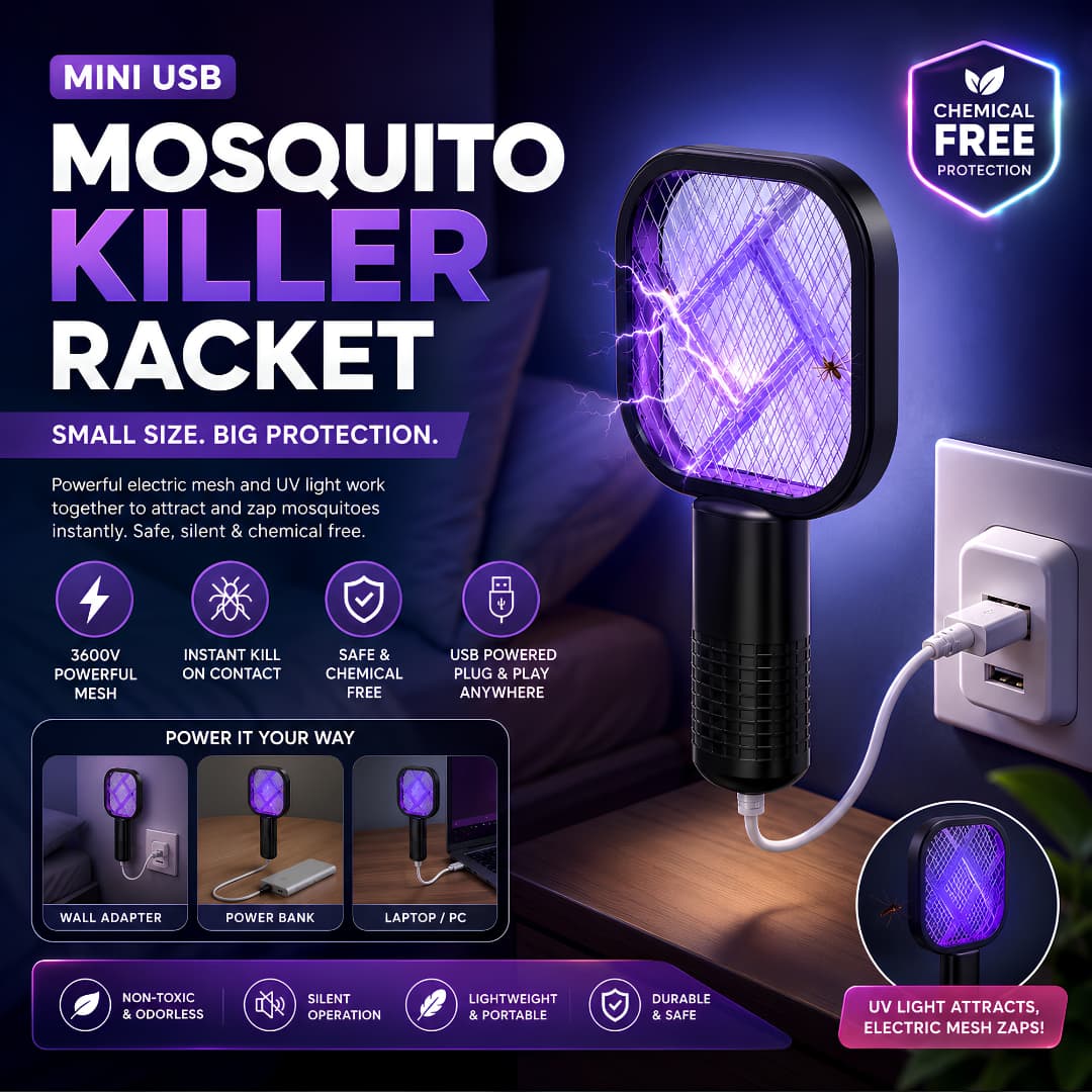 USB Rechargeable Electric Mosquito Killer Racket – Powerful Insect Zapper