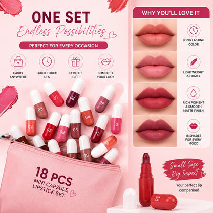 Imported Mini Capsule Lipstick Pack 18 PCS – Long Lasting, Moisturizing & Portable