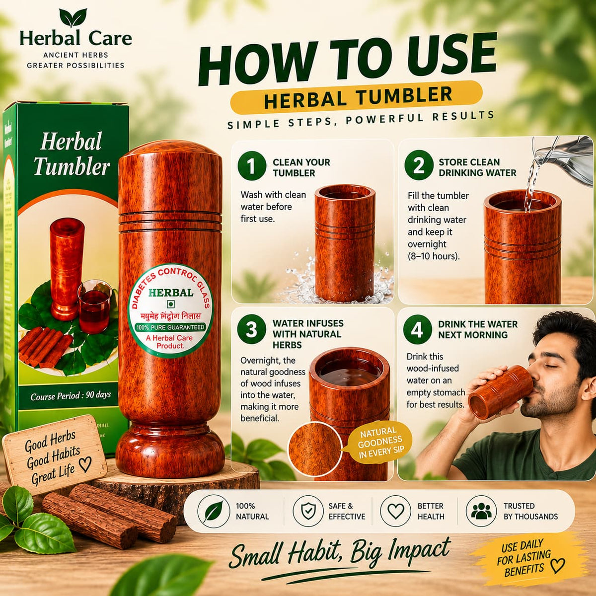Diabetes Control Herbal Glass - Natural Support for Sugar Patients - Made with Jamun Wood